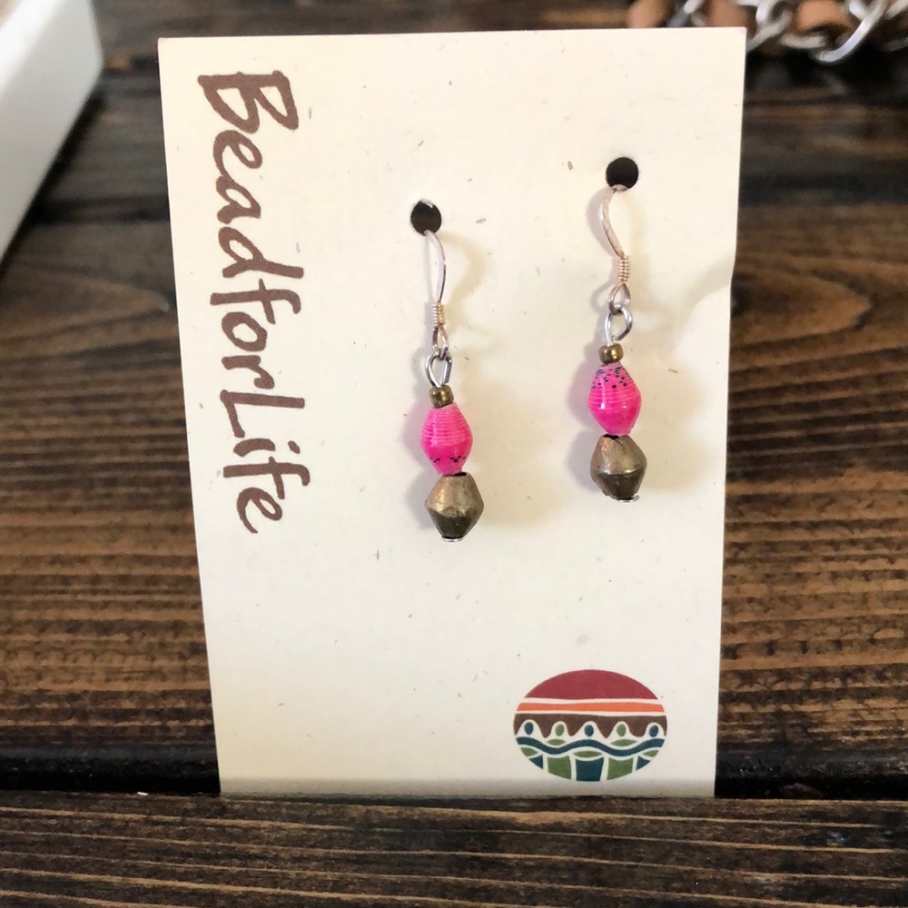 Bead for Life Fuchsia/Brass Drop Boho Earrings